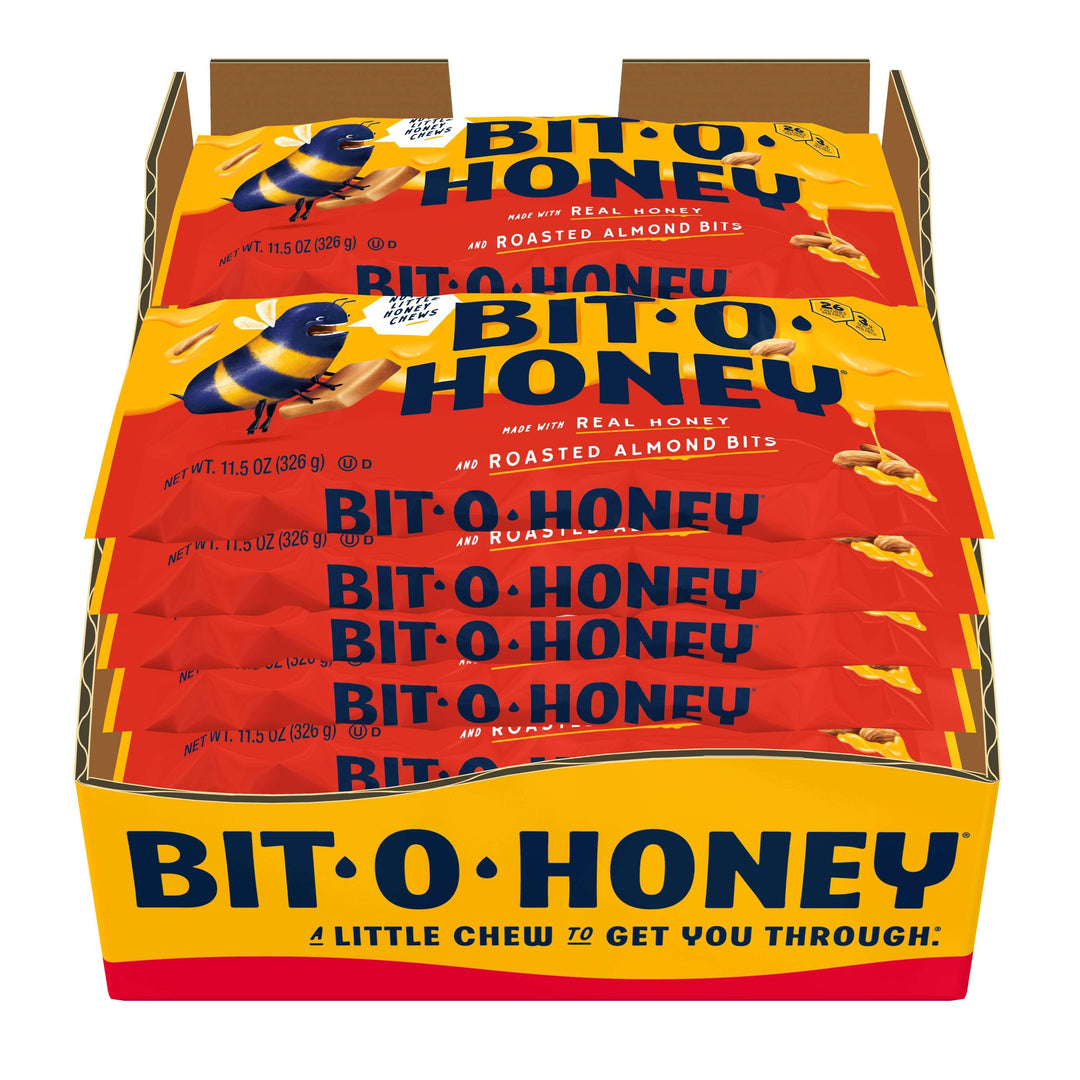 An open box of 12 11.5-ounce bags of Bit-O-Honey.