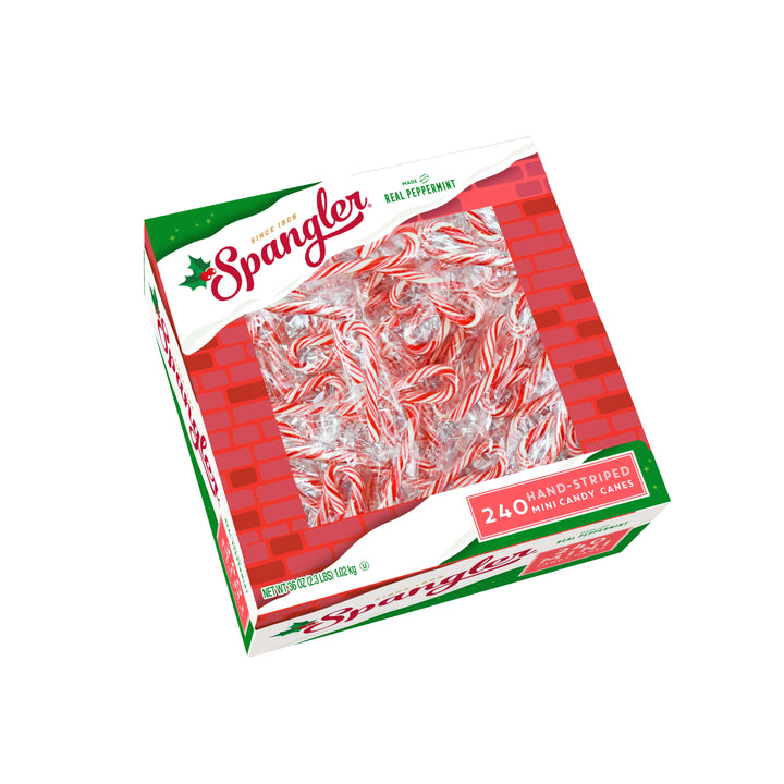 A 240-count box of Spangler Miniature Candy Canes, in a festive red and green box with a clear window showing individually wrapped red and white striped candy canes inside.