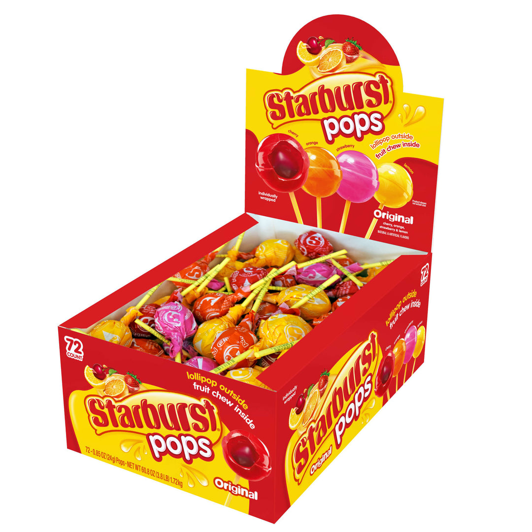 An open box of Starburst Lollipops angled left