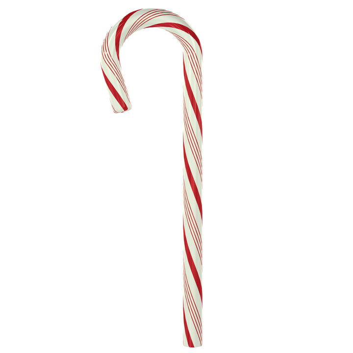 An individually wrapped large, red and white striped Spangler candy cane with the hook facing to the left.