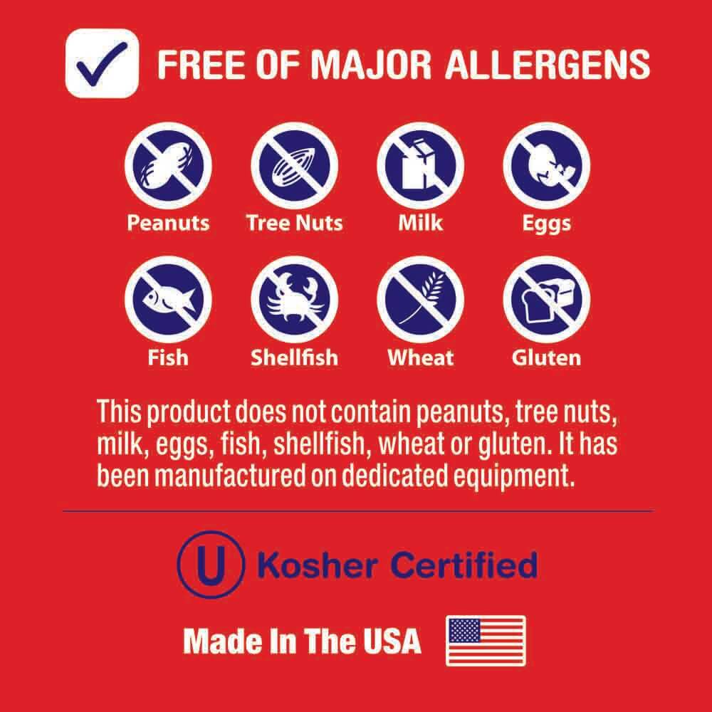 Carousel Image: Free of major allergens like peanuts, tree nuts, milk. eggs, fish, shellfish, wheat, gluten.  Also this product does not contain peanuts, tree nuts, milk, eggs, fish, shellfish, wheat or gluten.  It has been manufactured on dedicated equipment.  It is Kosher certified and made in the USA.