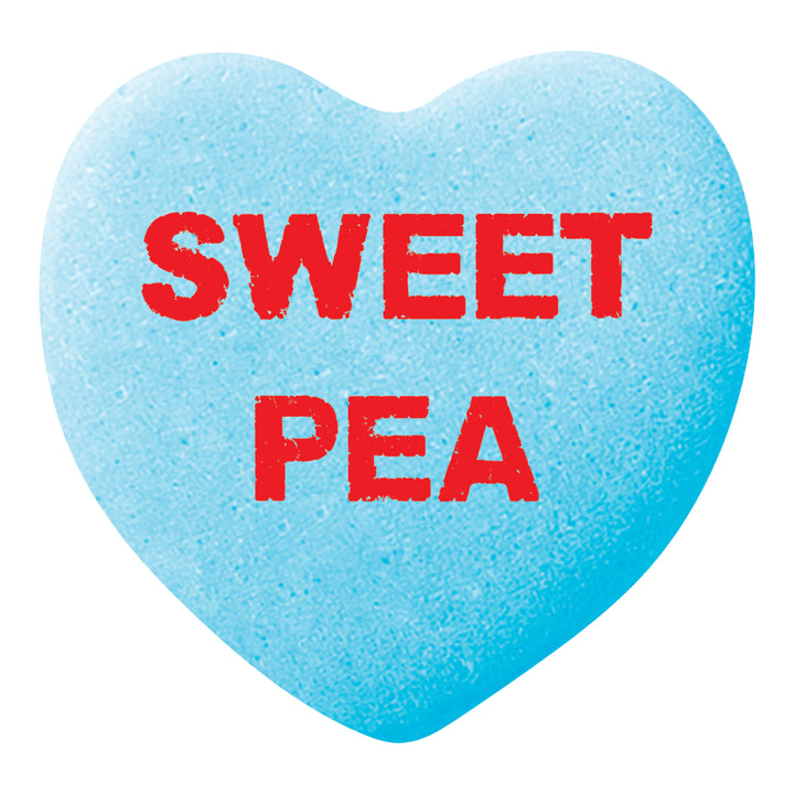 Carousel Image: Sweethearts candy that says Sweet Pea in Blue