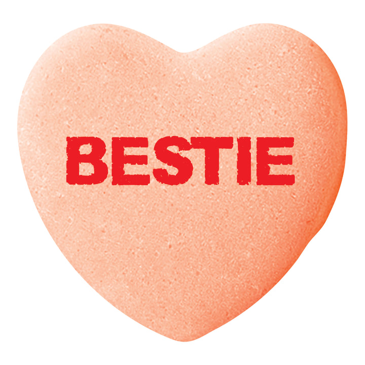 Carousel Image: Sweethearts candy that says Bestie in orange