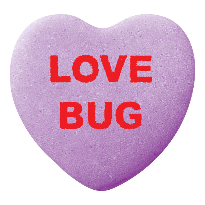 Carousel Image: Sweethearts candy that says Love Bug in purple