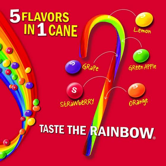 Carousel Image: Lifestyle image that shows that the Skittles Candy Cane has 5 flavors in one cane strawberry, grape, green apple, lemon, and orange